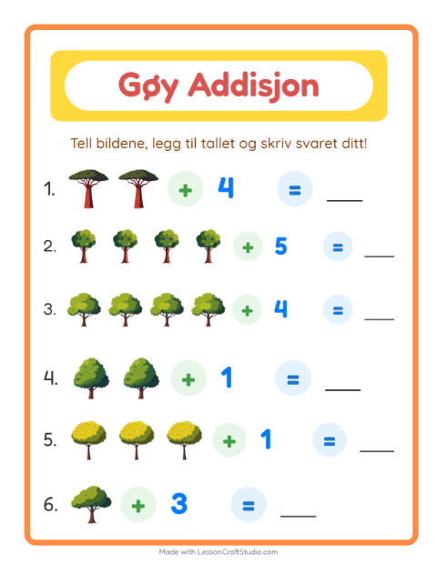 Forhåndsvisning av Addisjon-arbeidsark med Trær for Barnehage (5-7 år)