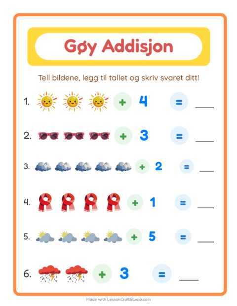 Forhåndsvisning av Addisjon-arbeidsark med Vær for Barnehage (5-7 år)