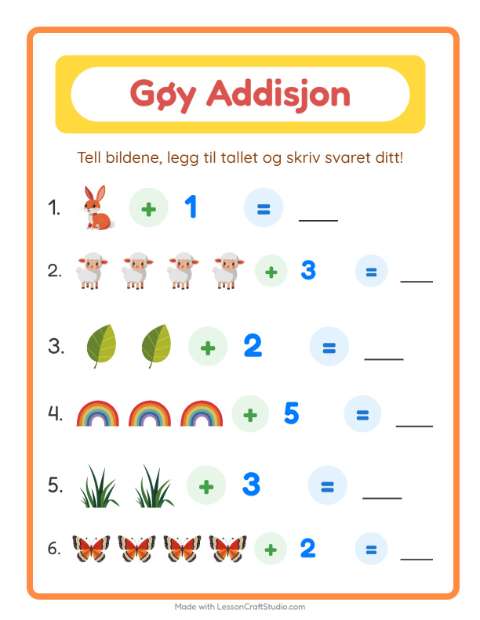Forhåndsvisning av Addisjon-arbeidsark med Vår for Barnehage (5-7 år)