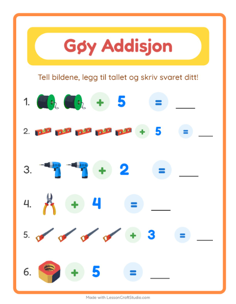 Forhåndsvisning av Addisjon-arbeidsark med Verktøy for Barnehage (5-7 år)