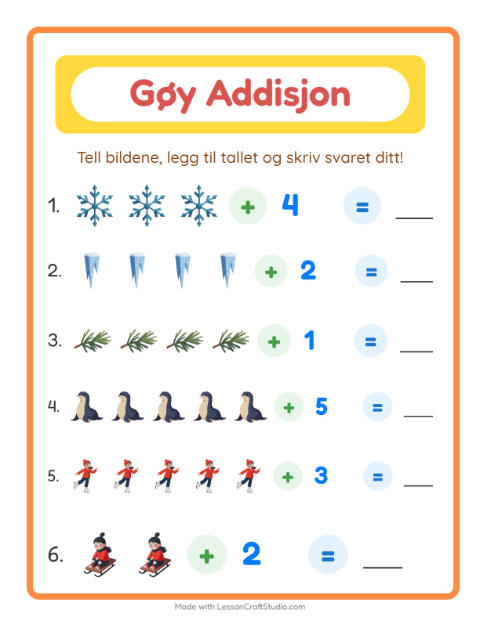 Forhåndsvisning av Addisjon-arbeidsark med Vinter for Barnehage (5-7 år)