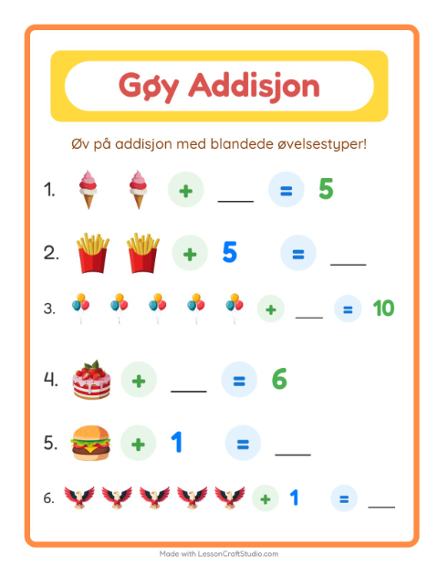 Forhåndsvisning av Addisjon-arbeidsark med 4. juli for Barnehage (5-7 år)