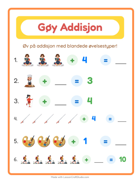 Forhåndsvisning av Addisjon-arbeidsark med Aktiviteter for Barnehage (5-7 år)