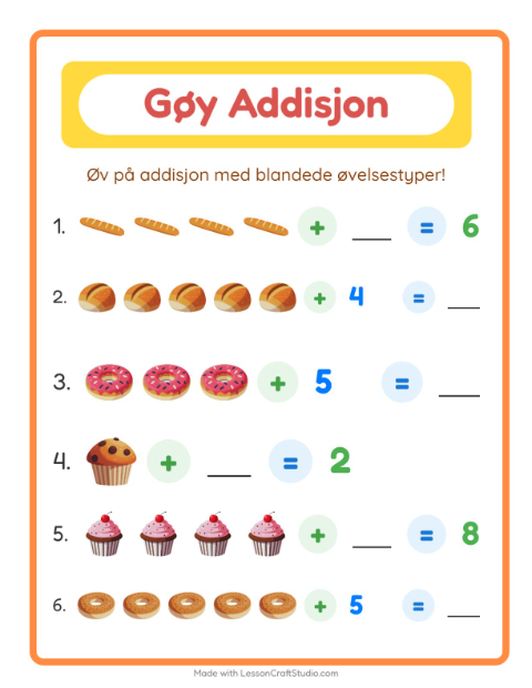 Forhåndsvisning av Addisjon-arbeidsark med Bakeri for Barnehage (5-7 år)