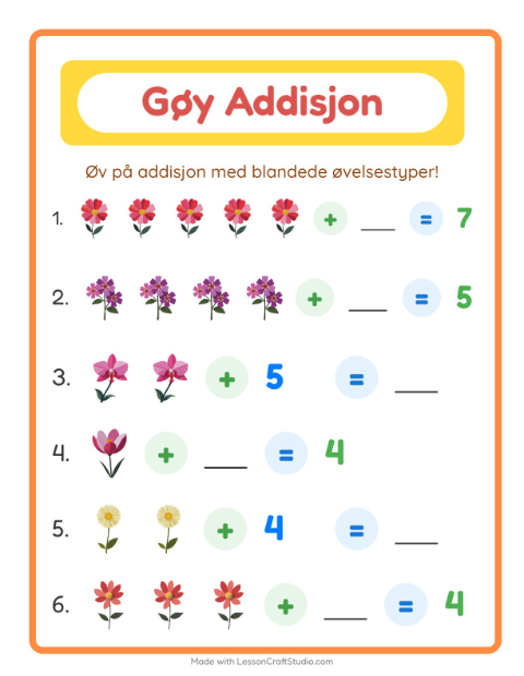 Forhåndsvisning av Addisjon-arbeidsark med Blomster for Barnehage (5-7 år)