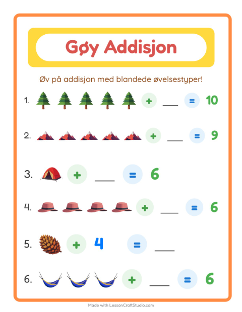 Forhåndsvisning av Addisjon-arbeidsark med Camping for Barnehage (5-7 år)