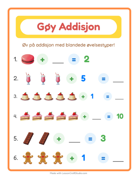 Forhåndsvisning av Addisjon-arbeidsark med Desserter og godteri for Barnehage (5-7 år)