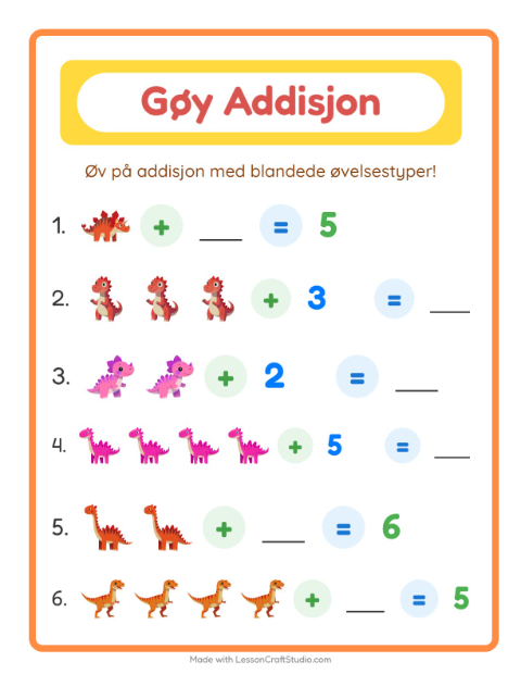 Forhåndsvisning av Addisjon-arbeidsark med Dinosaurer for Barnehage (5-7 år)