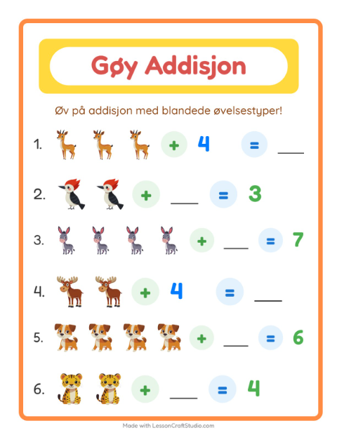 Forhåndsvisning av Addisjon-arbeidsark med Dyr for Barnehage (5-7 år)