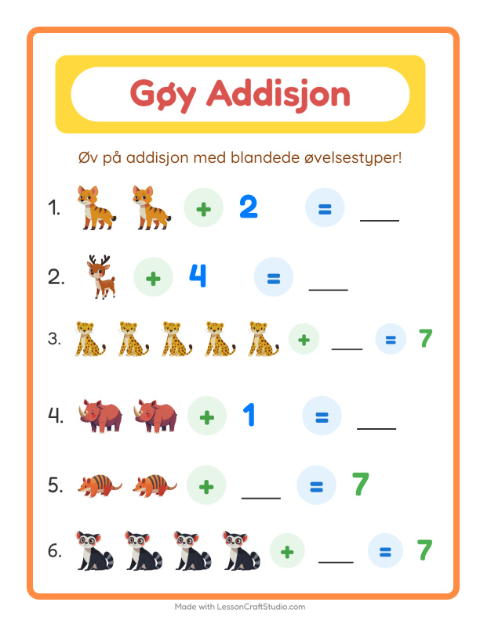 Forhåndsvisning av Addisjon-arbeidsark med Dyrehagedyr for Barnehage (5-7 år)