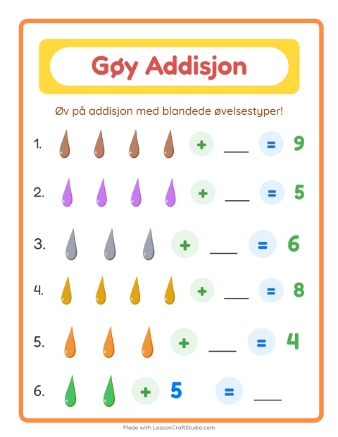 Forhåndsvisning av Addisjon-arbeidsark med Farger for Barnehage (5-7 år)