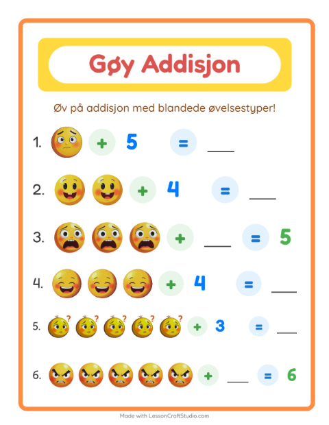 Forhåndsvisning av Addisjon-arbeidsark med Følelser for Barnehage (5-7 år)