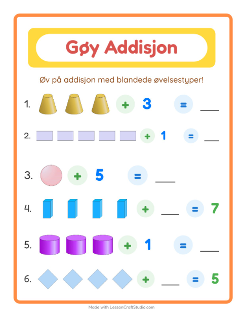 Forhåndsvisning av Addisjon-arbeidsark med Former for Barnehage (5-7 år)