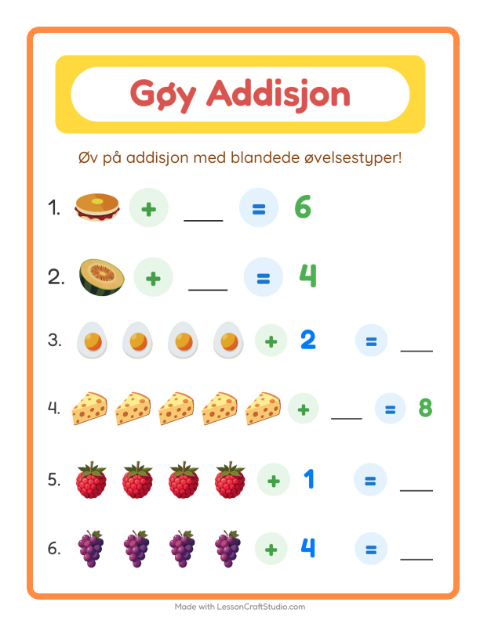 Forhåndsvisning av Addisjon-arbeidsark med Frokost for Barnehage (5-7 år)