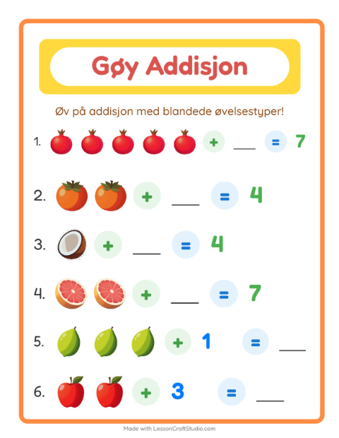 Forhåndsvisning av Addisjon-arbeidsark med Frukter for Barnehage (5-7 år)