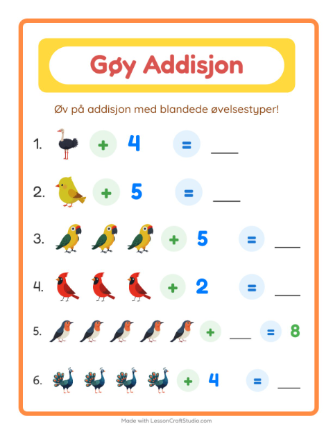 Forhåndsvisning av Addisjon-arbeidsark med Fugler 2 for Barnehage (5-7 år)
