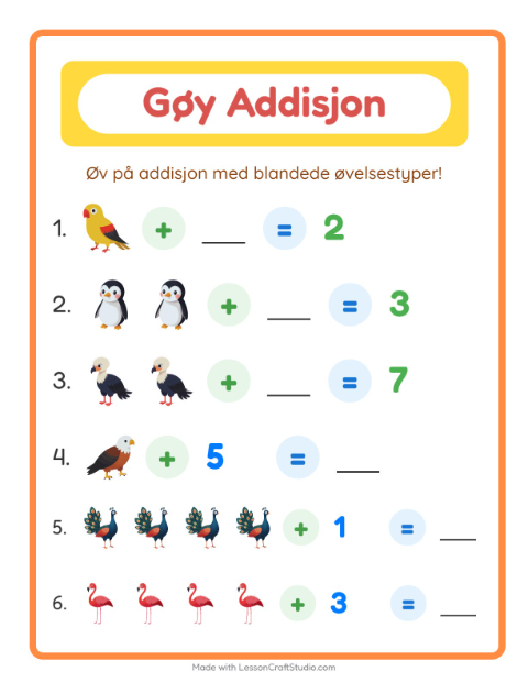 Forhåndsvisning av Addisjon-arbeidsark med Fugler for Barnehage (5-7 år)
