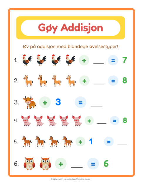 Forhåndsvisning av Addisjon-arbeidsark med Gårdsdyr for Barnehage (5-7 år)