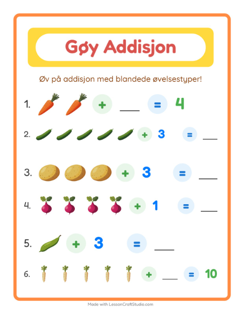 Forhåndsvisning av Addisjon-arbeidsark med Grønnsaker for Barnehage (5-7 år)