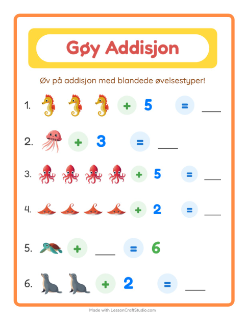 Forhåndsvisning av Addisjon-arbeidsark med Havliv for Barnehage (5-7 år)