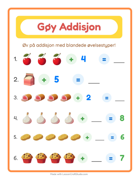 Forhåndsvisning av Addisjon-arbeidsark med I supermarkedet for Barnehage (5-7 år)