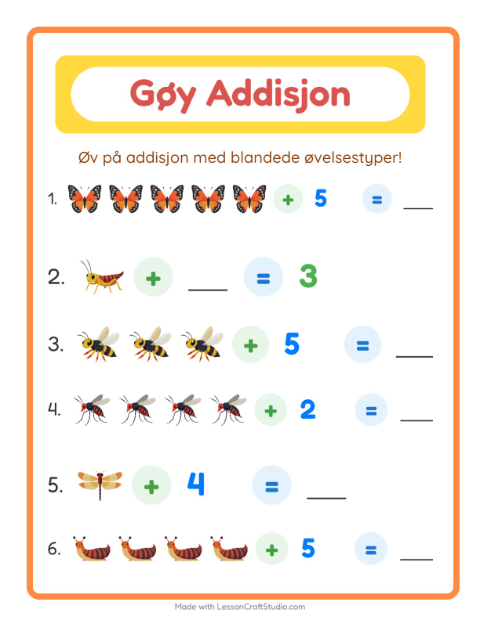Forhåndsvisning av Addisjon-arbeidsark med Insekter og kryp for Barnehage (5-7 år)