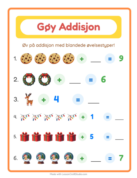 Forhåndsvisning av Addisjon-arbeidsark med Jul for Barnehage (5-7 år)