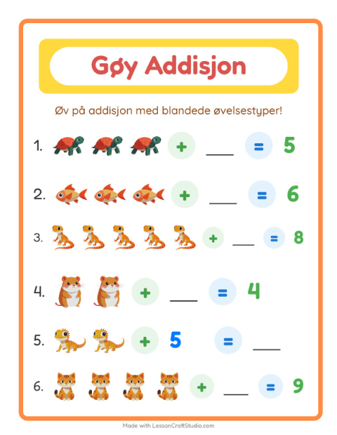 Forhåndsvisning av Addisjon-arbeidsark med Kjæledyr for Barnehage (5-7 år)