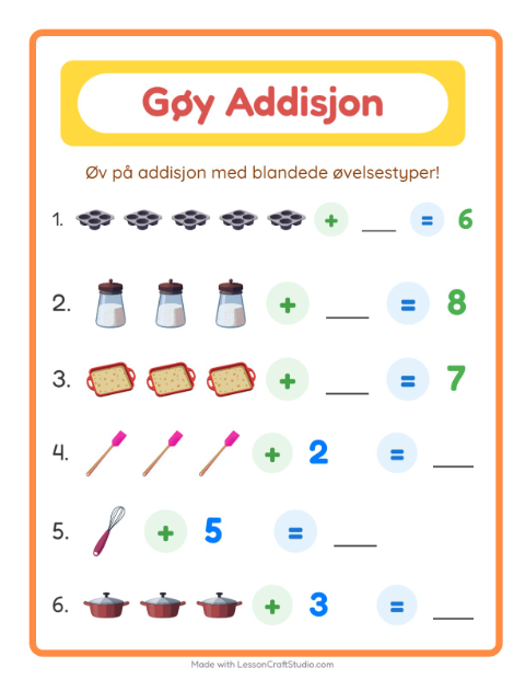 Forhåndsvisning av Addisjon-arbeidsark med Kjøkkenredskaper for Barnehage (5-7 år)