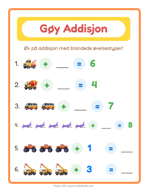 Forhåndsvisning av Addisjon-arbeidsark med Kjøretøy for Barnehage (5-7 år)