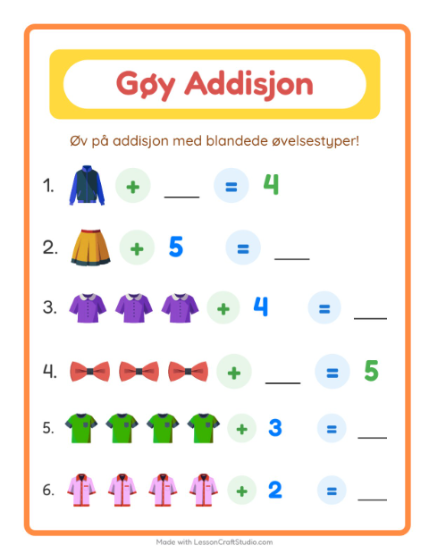 Forhåndsvisning av Addisjon-arbeidsark med Klær for Barnehage (5-7 år)