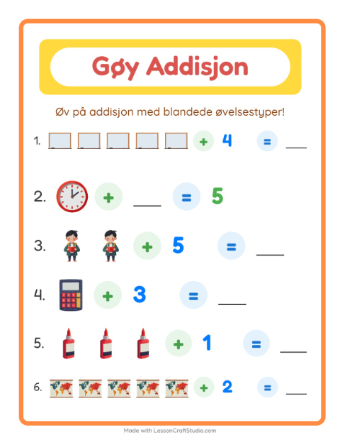 Forhåndsvisning av Addisjon-arbeidsark med Klasserom for Barnehage (5-7 år)