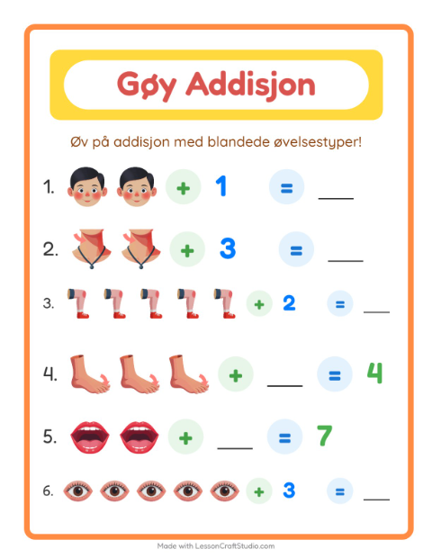 Forhåndsvisning av Addisjon-arbeidsark med Kroppsdeler for Barnehage (5-7 år)