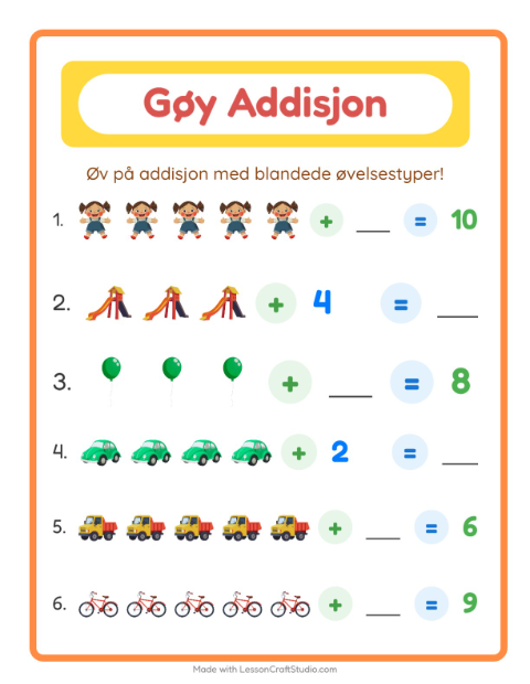Forhåndsvisning av Addisjon-arbeidsark med Leker for Barnehage (5-7 år)