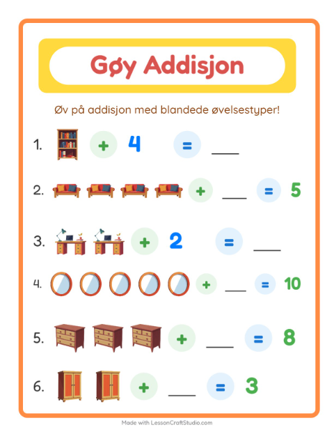 Forhåndsvisning av Addisjon-arbeidsark med Møbler for Barnehage (5-7 år)