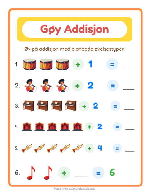 Forhåndsvisning av Addisjon-arbeidsark med Musikk for Barnehage (5-7 år)