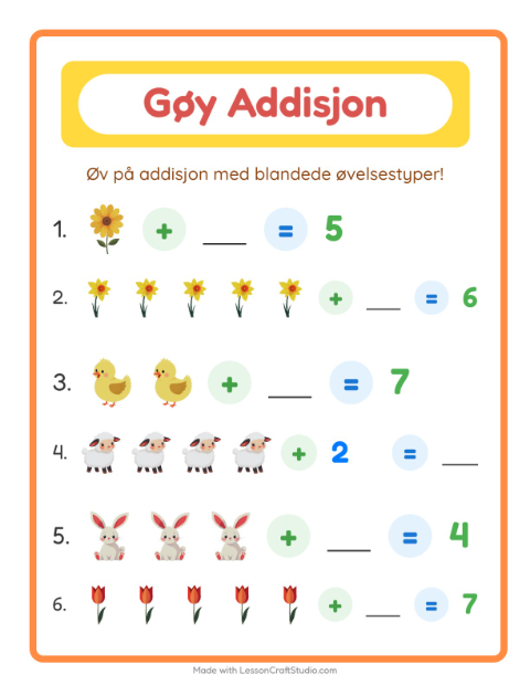 Forhåndsvisning av Addisjon-arbeidsark med Påske for Barnehage (5-7 år)