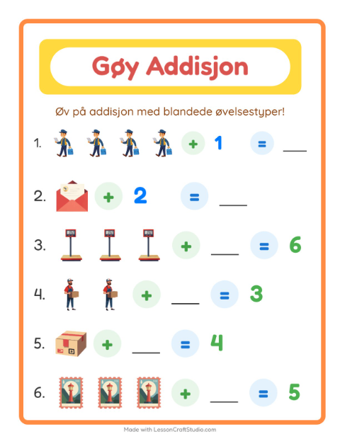 Forhåndsvisning av Addisjon-arbeidsark med Postkontor for Barnehage (5-7 år)