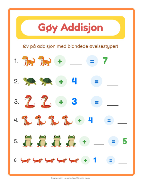 Forhåndsvisning av Addisjon-arbeidsark med Reptiler og amfibier for Barnehage (5-7 år)