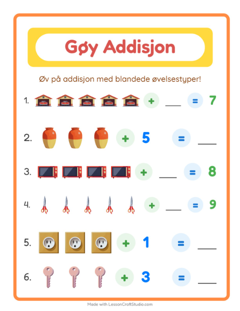 Forhåndsvisning av Addisjon-arbeidsark med Rundt i huset for Barnehage (5-7 år)