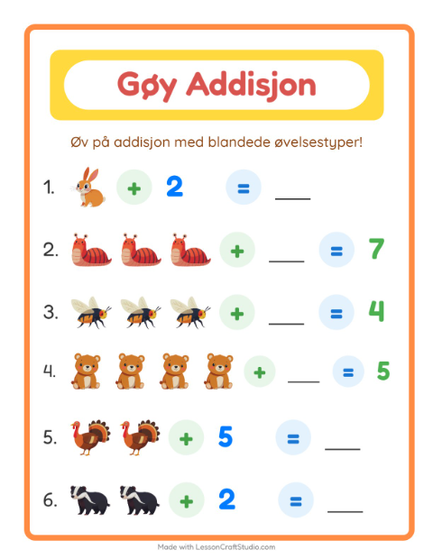 Forhåndsvisning av Addisjon-arbeidsark med Skogsdyr for Barnehage (5-7 år)