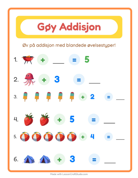 Forhåndsvisning av Addisjon-arbeidsark med Sommer for Barnehage (5-7 år)