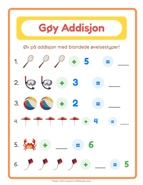 Forhåndsvisning av Addisjon-arbeidsark med Strand for Barnehage (5-7 år)