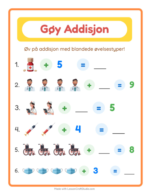 Forhåndsvisning av Addisjon-arbeidsark med Sykehus for Barnehage (5-7 år)
