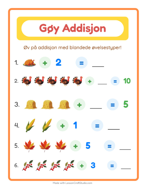Forhåndsvisning av Addisjon-arbeidsark med Thanksgiving for Barnehage (5-7 år)