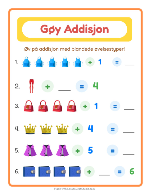 Forhåndsvisning av Addisjon-arbeidsark med Tilbehør for Barnehage (5-7 år)