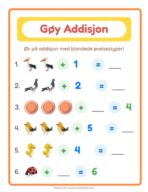 Forhåndsvisning av Addisjon-arbeidsark med Ting som flyr for Barnehage (5-7 år)