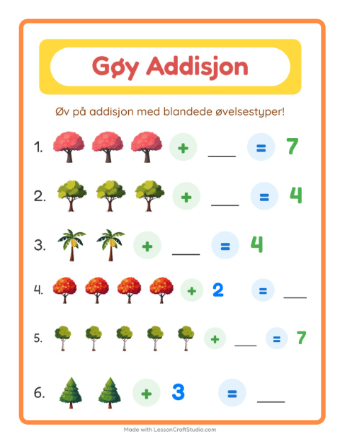 Forhåndsvisning av Addisjon-arbeidsark med Trær for Barnehage (5-7 år)