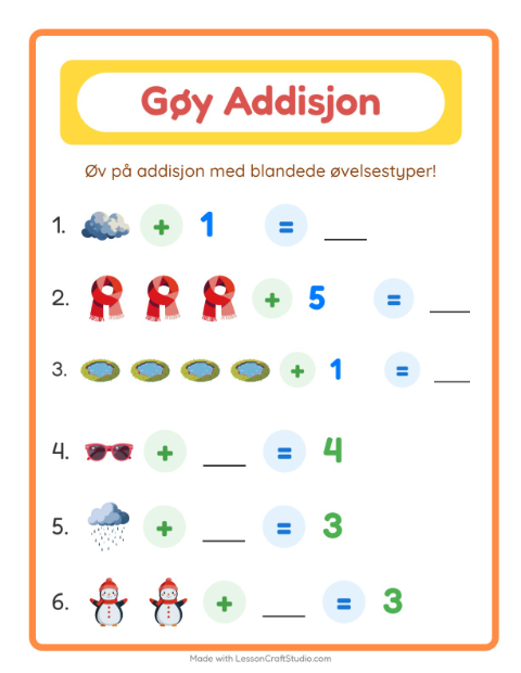 Forhåndsvisning av Addisjon-arbeidsark med Vær for Barnehage (5-7 år)