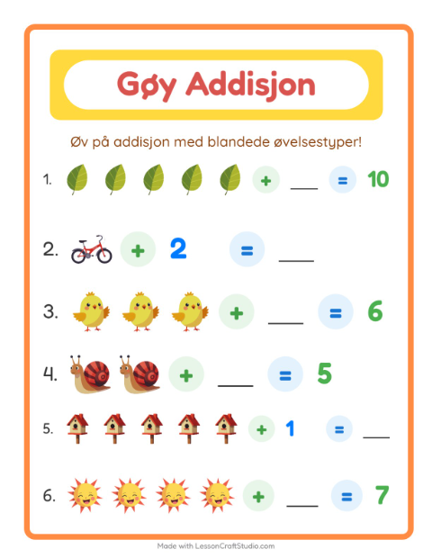 Forhåndsvisning av Addisjon-arbeidsark med Vår for Barnehage (5-7 år)